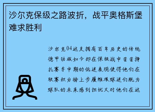 沙尔克保级之路波折，战平奥格斯堡难求胜利