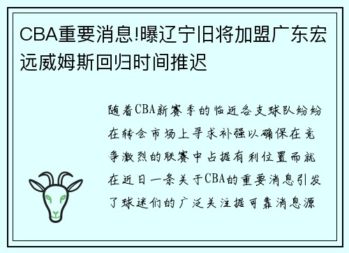 CBA重要消息!曝辽宁旧将加盟广东宏远威姆斯回归时间推迟