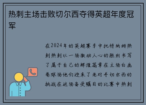 热刺主场击败切尔西夺得英超年度冠军