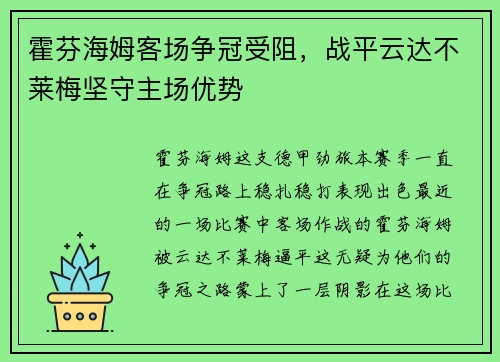 霍芬海姆客场争冠受阻，战平云达不莱梅坚守主场优势