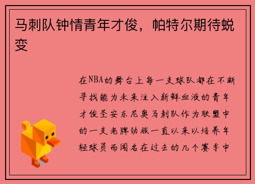 马刺队钟情青年才俊，帕特尔期待蜕变