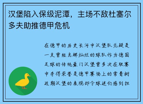 汉堡陷入保级泥潭，主场不敌杜塞尔多夫助推德甲危机