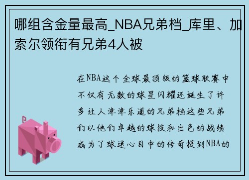 哪组含金量最高_NBA兄弟档_库里、加索尔领衔有兄弟4人被